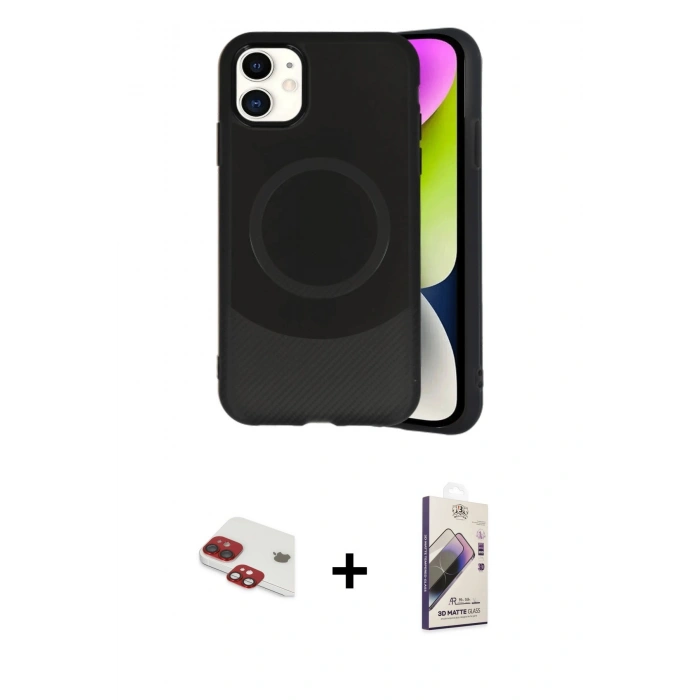 MARSİLYAN™- iPhone 11 Kılıf Ufuk Serisi - Siyah Bilvis 3D Mat Cam Ekran Koruyucu + Pers Alüminyum Kamera Lens - KI
