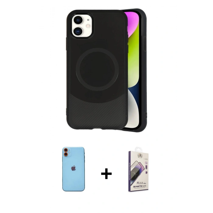 MARSİLYAN™- iPhone 11 Kılıf Ufuk Serisi - Siyah Bilvis 3D Mat Cam Ekran Koruyucu + Neon Fosforlu Kamera Lens - TU