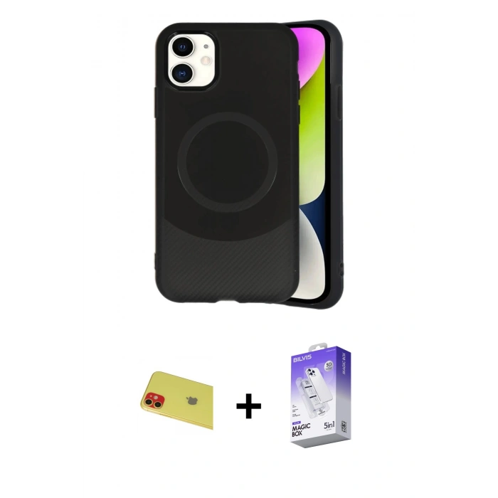 MARSİLYAN™- iPhone 11 Kılıf Ufuk Serisi - Siyah Bilvis 5in1 3D Magic Cam Ekran Koruyucu + Rainbow Kamera Lens Koruma Cam - KI