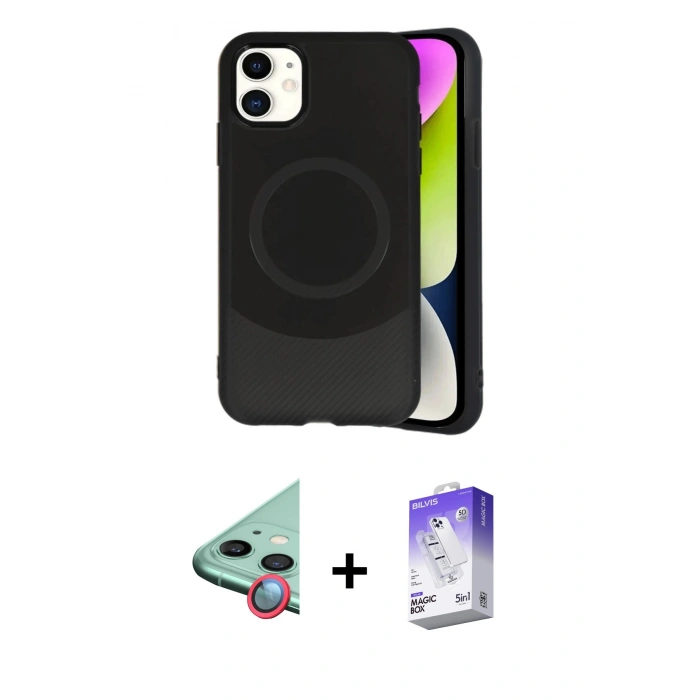 MARSİLYAN™- iPhone 11 Kılıf Ufuk Serisi - Siyah Bilvis 5in1 3D Magic Cam Ekran Koruyucu + Raze Metal Kamera Lens - KI