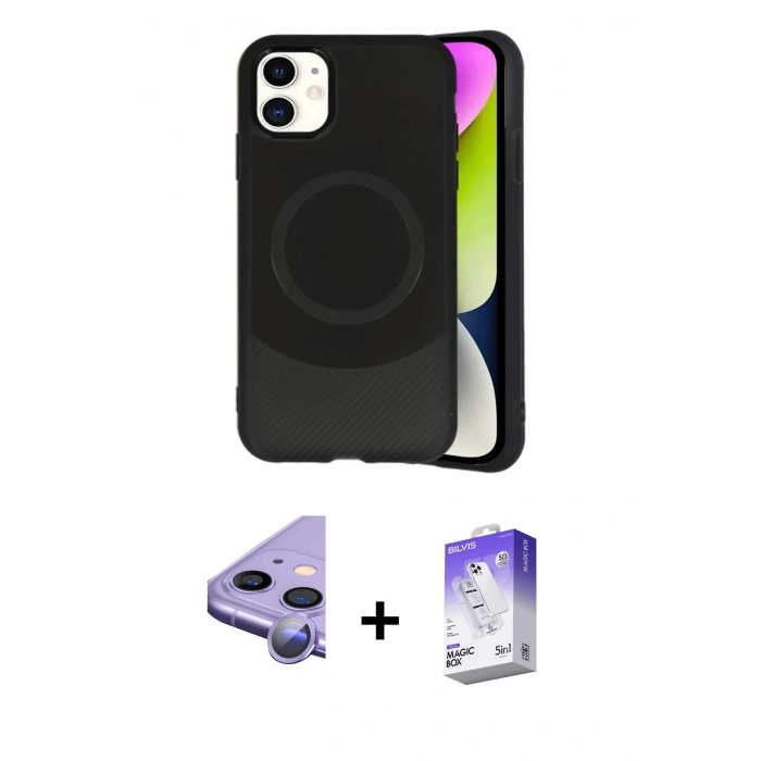 MARSİLYAN™- iPhone 11 Kılıf Ufuk Serisi - Siyah Bilvis 5in1 3D Magic Cam Ekran Koruyucu + Raze Metal Kamera Lens - MR
