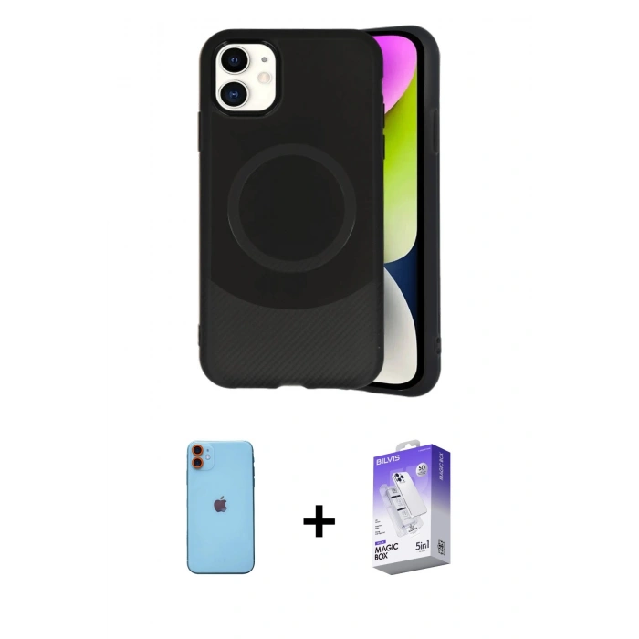 MARSİLYAN™- iPhone 11 Kılıf Ufuk Serisi - Siyah Bilvis 5in1 3D Magic Cam Ekran Koruyucu + Neon Fosforlu Kamera Lens - TU