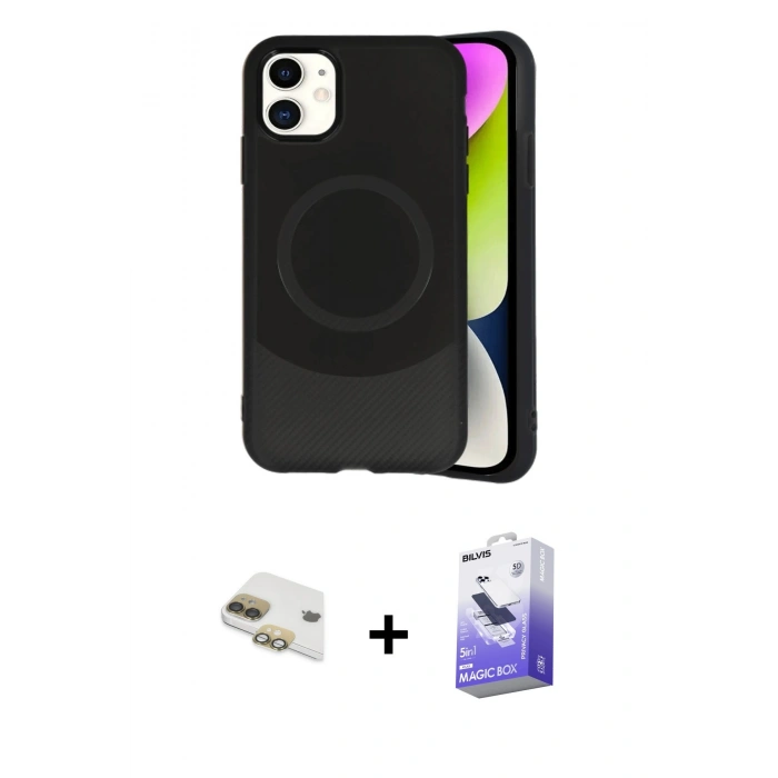 MARSİLYAN™- iPhone 11 Kılıf Ufuk Serisi - Siyah Bilvis 5in1 5D Magic Hayalet Cam Ekran Koruyucu + Pers Alüminyum Kamera Lens - GD