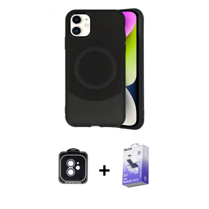 MARSİLYAN™- iPhone 11 Kılıf Ufuk Serisi - Siyah Bilvis 5in1 5D Magic Hayalet Cam Ekran Koruyucu + PVD Metal Kamera Lens - MI