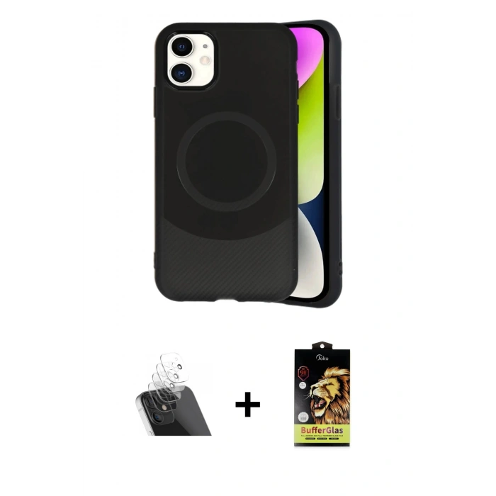 MARSİLYAN™- iPhone 11 Kılıf Ufuk Serisi - Siyah Buffer Cam Ekran Koruyucu + Kamera Lens Koruma Cam - SF