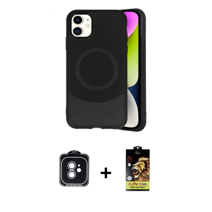 MARSİLYAN™- iPhone 11 Kılıf Ufuk Serisi - Siyah Buffer Cam Ekran Koruyucu + PVD Metal Kamera Lens - MI