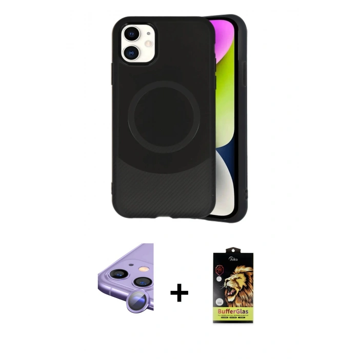 MARSİLYAN™- iPhone 11 Kılıf Ufuk Serisi - Siyah Buffer Cam Ekran Koruyucu + Raze Metal Kamera Lens - MR