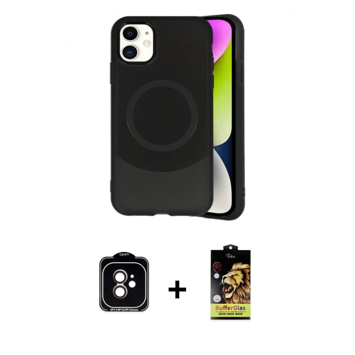 MARSİLYAN™- iPhone 11 Kılıf Ufuk Serisi - Siyah Buffer Cam Ekran Koruyucu + PVD Metal Kamera Lens - TU