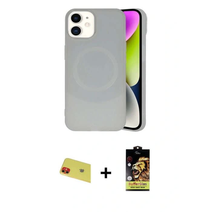 MARSİLYAN™- iPhone 11 Kılıf Ufuk Serisi - Siyah Buffer Cam Ekran Koruyucu + Rainbow Kamera Lens Koruma Cam - KI