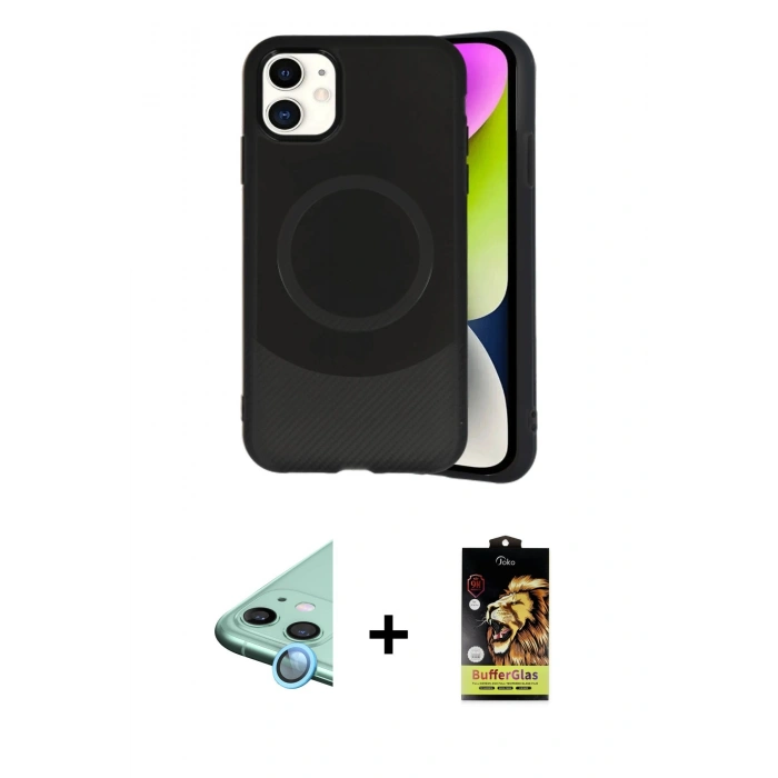 MARSİLYAN™- iPhone 11 Kılıf Ufuk Serisi - Siyah Buffer Cam Ekran Koruyucu + Raze Metal Kamera Lens - MI