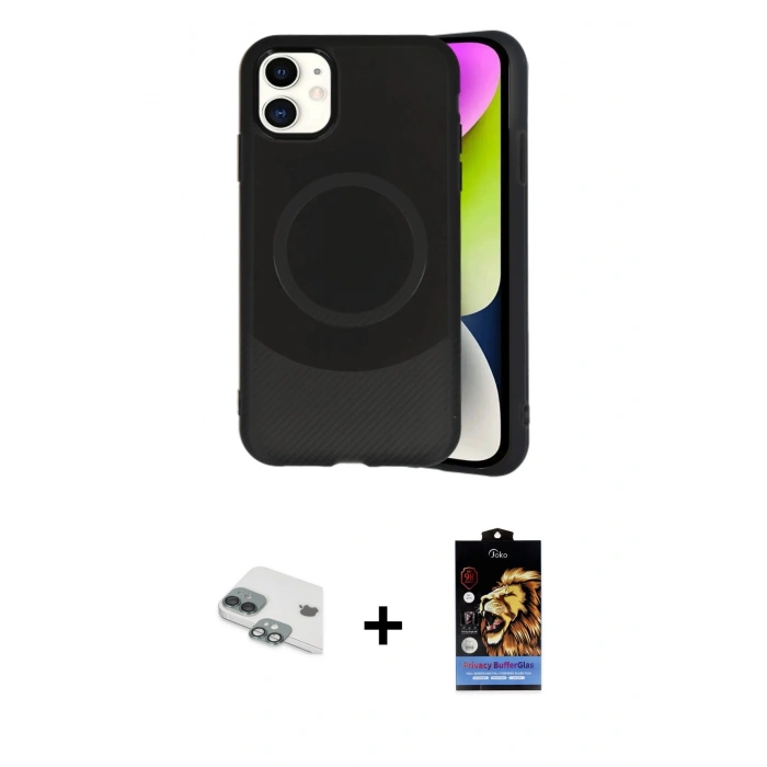MARSİLYAN™- iPhone 11 Kılıf Ufuk Serisi - Siyah Buffer Hayalet Cam Ekran Koruyucu + Pers Alüminyum Kamera Lens - YL