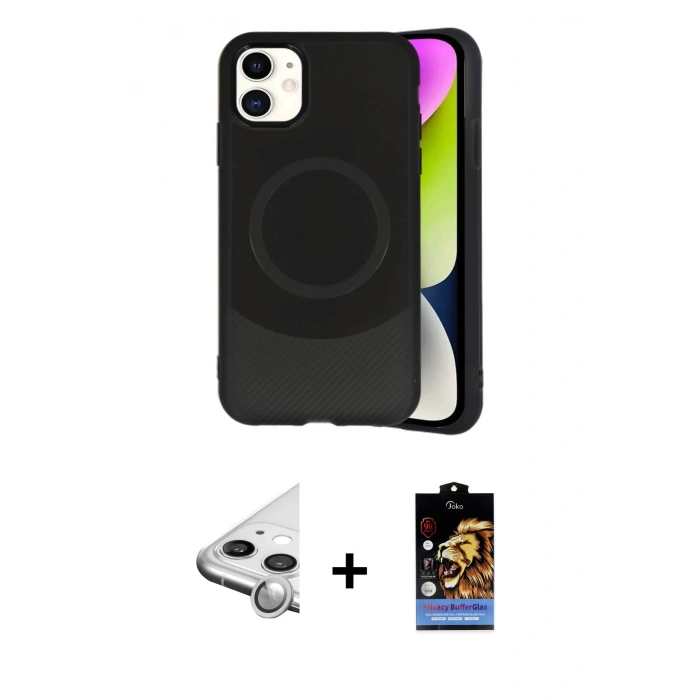 MARSİLYAN™- iPhone 11 Kılıf Ufuk Serisi - Siyah Buffer Hayalet Cam Ekran Koruyucu + Raze Metal Kamera Lens - GS