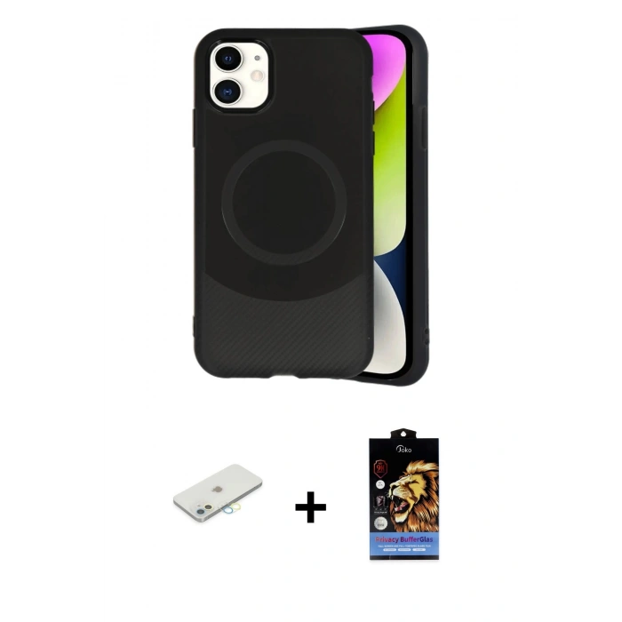 MARSİLYAN™- iPhone 11 Kılıf Ufuk Serisi - Siyah Buffer Hayalet Cam Ekran Koruyucu + Renkli Kamera Lens Koruma Cam - SI