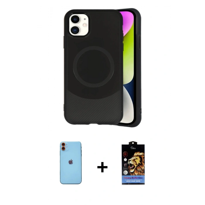 MARSİLYAN™- iPhone 11 Kılıf Ufuk Serisi - Siyah Buffer Hayalet Cam Ekran Koruyucu + Neon Fosforlu Kamera Lens - TU