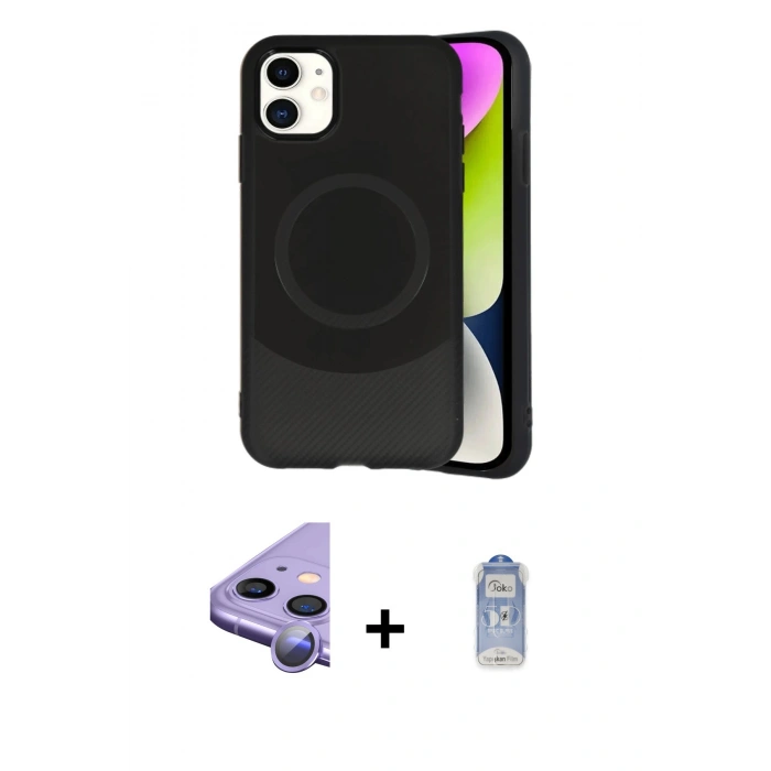MARSİLYAN™- iPhone 11 Kılıf Ufuk Serisi - Siyah Joko Magic 5D Cam + Raze Metal Kamera Lens - MR