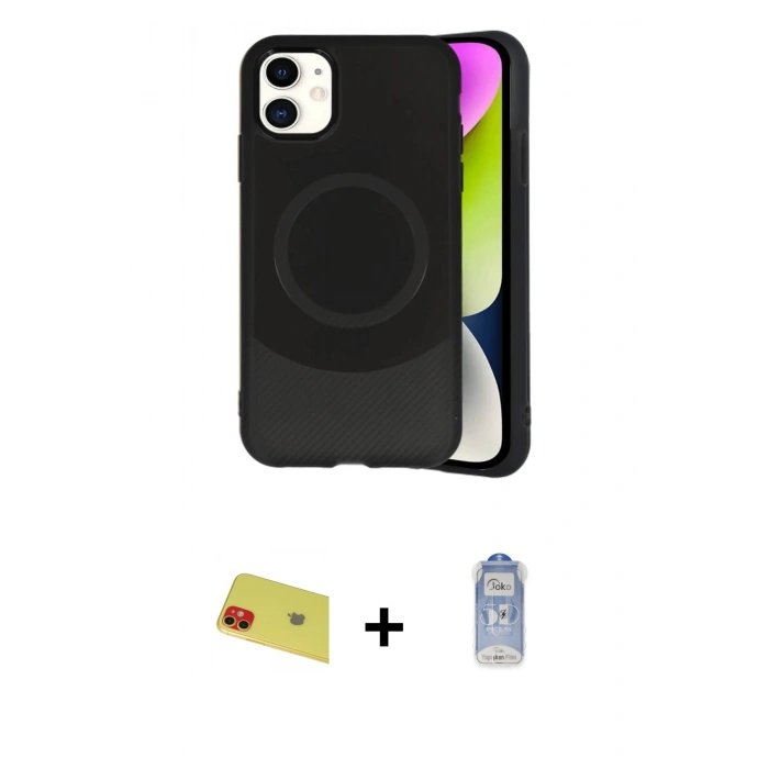 MARSİLYAN™- iPhone 11 Kılıf Ufuk Serisi - Siyah Joko Magic 5D Cam + Rainbow Kamera Lens Koruma Cam - KI