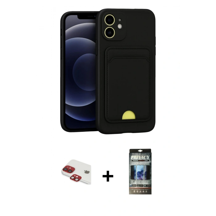 MARSİLYAN™- iPhone 11 Kılıf Vadi Çizgi Prime - Siyah 34D Hayalet Izgaralı Cam + Pers Alüminyum Kamera Lens - KI