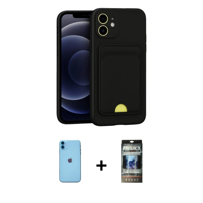 MARSİLYAN™- iPhone 11 Kılıf Vadi Çizgi Prime - Siyah 34D Hayalet Izgaralı Cam + Neon Fosforlu Kamera Lens - MI