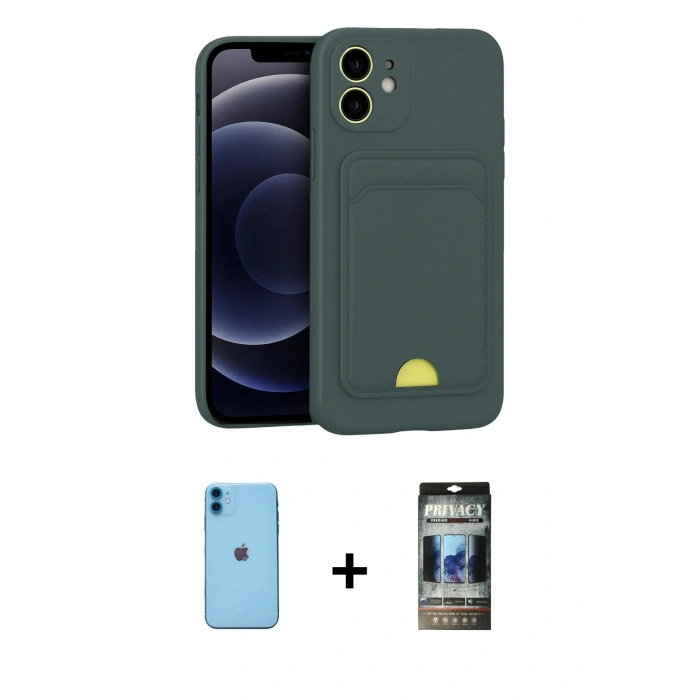 MARSİLYAN™- iPhone 11 Kılıf Vadi Çizgi Prime - Siyah 34D Hayalet Izgaralı Cam + Neon Fosforlu Kamera Lens - MI