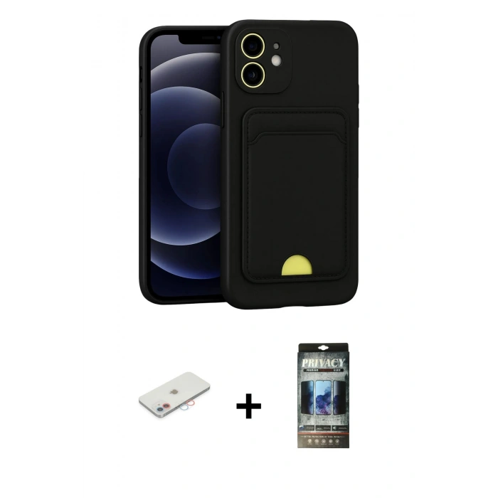 MARSİLYAN™- iPhone 11 Kılıf Vadi Çizgi Prime - Siyah 34D Hayalet Izgaralı Cam + Renkli Kamera Lens Koruma Cam - PE