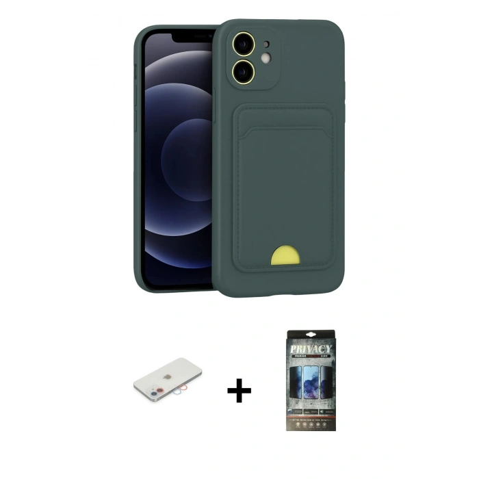 MARSİLYAN™- iPhone 11 Kılıf Vadi Çizgi Prime - Siyah 34D Hayalet Izgaralı Cam + Renkli Kamera Lens Koruma Cam - PE