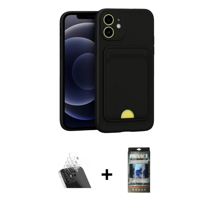 MARSİLYAN™- iPhone 11 Kılıf Vadi Çizgi Prime - Siyah 34D Hayalet Izgaralı Cam + Kamera Lens Koruma Cam - SF