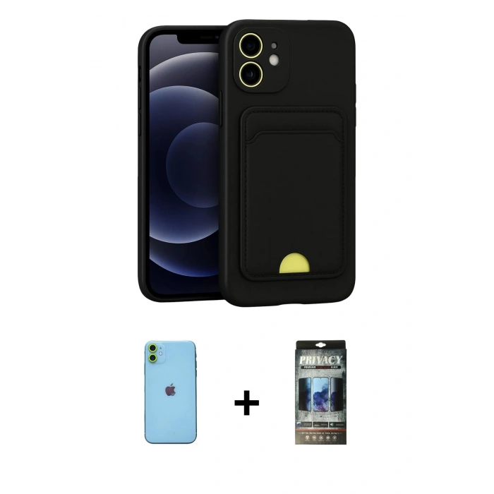 MARSİLYAN™- iPhone 11 Kılıf Vadi Çizgi Prime - Siyah 34D Hayalet Izgaralı Cam + Neon Fosforlu Kamera Lens - YL