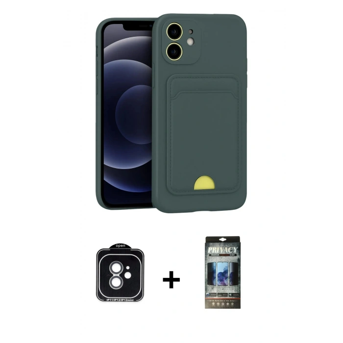MARSİLYAN™- iPhone 11 Kılıf Vadi Çizgi Prime - Siyah 34D Hayalet Izgaralı Cam + PVD Metal Kamera Lens - YL