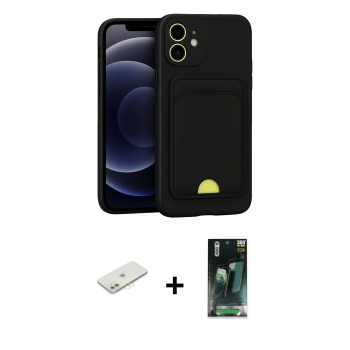 MARSİLYAN™- iPhone 11 Kılıf Vadi Çizgi Prime - Siyah 360 Mat Full Body Arka Koruyucu + Renkli Kamera Lens Koruma Cam - TU