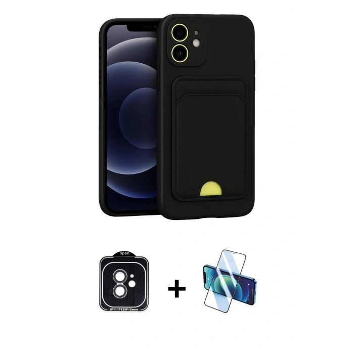 MARSİLYAN™- iPhone 11 Kılıf Vadi Çizgi Prime - Siyah 3D Antistatik Cam Ekran Koruyucu + PVD Metal Kamera Lens - SH