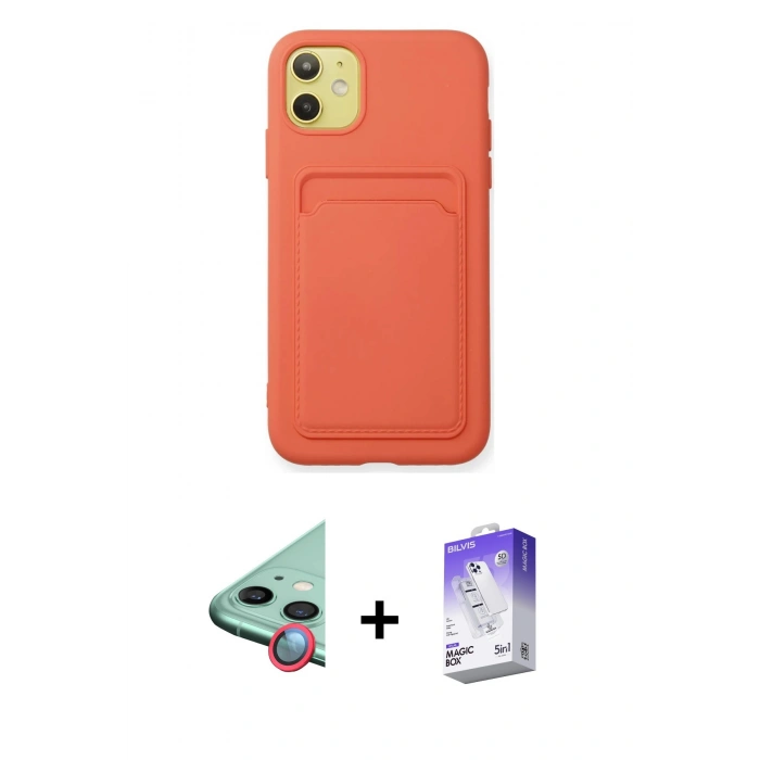 MARSİLYAN™- iPhone 11 Kılıf Vadi Çizgi Prime - Siyah Bilvis 5in1 3D Magic Cam Ekran Koruyucu + Kırmızı Raze Metal Kamera Lens