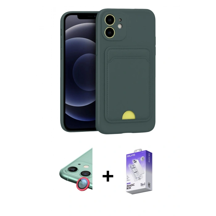 MARSİLYAN™- iPhone 11 Kılıf Vadi Çizgi Prime - Siyah Bilvis 5in1 3D Magic Cam Ekran Koruyucu + Kırmızı Raze Metal Kamera Lens