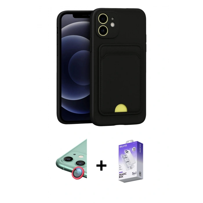 MARSİLYAN™- iPhone 11 Kılıf Vadi Çizgi Prime - Siyah Bilvis 5in1 3D Magic Cam Ekran Koruyucu + Kırmızı Raze Metal Kamera Lens