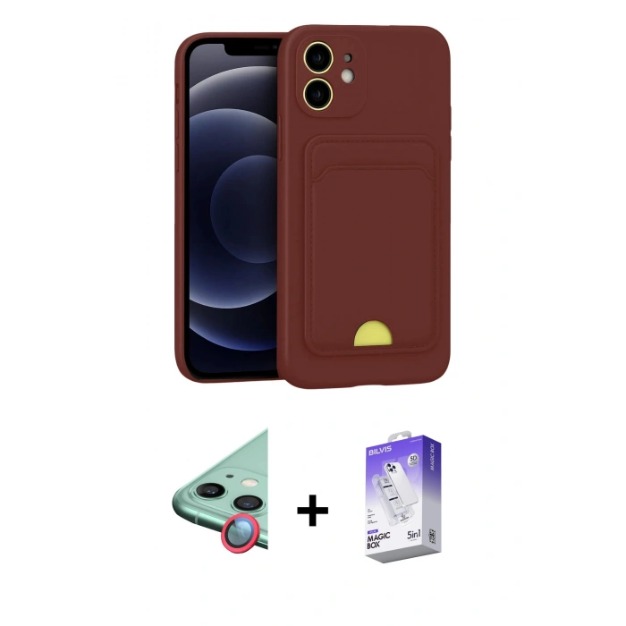 MARSİLYAN™- iPhone 11 Kılıf Vadi Çizgi Prime - Siyah Bilvis 5in1 3D Magic Cam Ekran Koruyucu + Kırmızı Raze Metal Kamera Lens