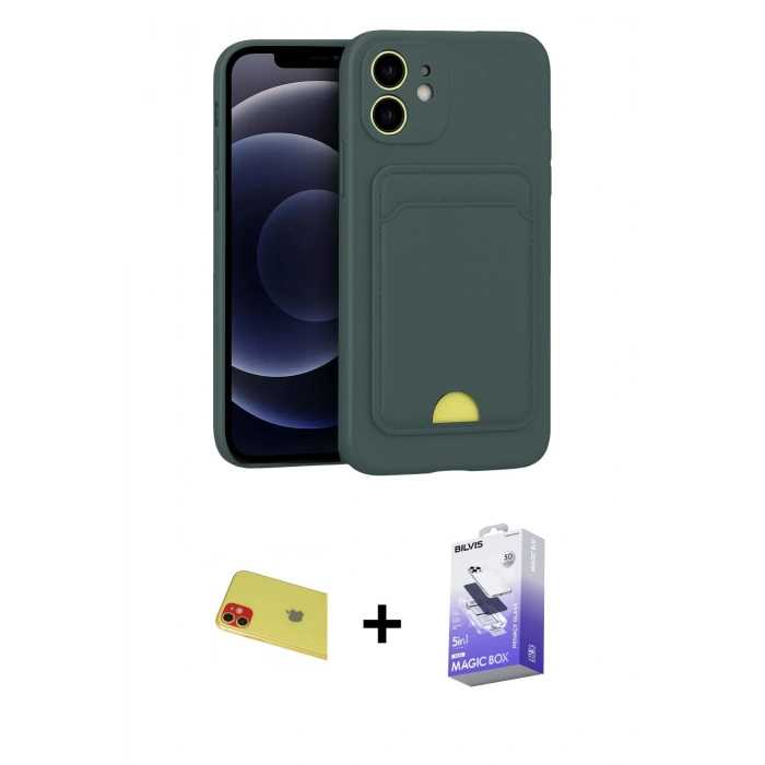 MARSİLYAN™- iPhone 11 Kılıf Vadi Çizgi Prime - Siyah Bilvis 5in1 5D Magic Hayalet Cam Ekran Koruyucu + Kırmızı Rainbow Kamera Lens Koruma Cam