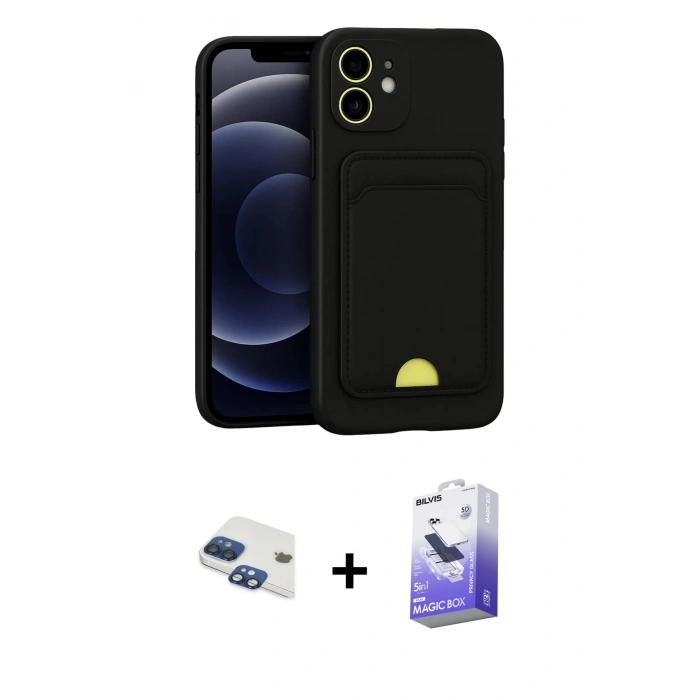 MARSİLYAN™- iPhone 11 Kılıf Vadi Çizgi Prime - Siyah Bilvis 5in1 5D Magic Hayalet Cam Ekran Koruyucu + Lacivert Pers Alüminyum Kamera Lens