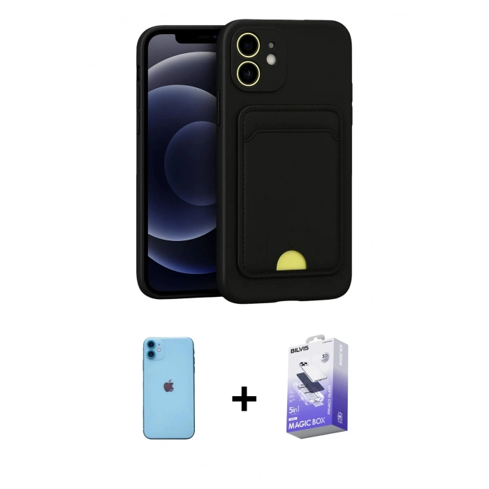 MARSİLYAN™- iPhone 11 Kılıf Vadi Çizgi Prime - Siyah Bilvis 5in1 5D Magic Hayalet Cam Ekran Koruyucu + Neon Fosforlu Kamera Lens - MI