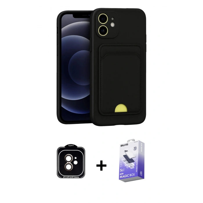 MARSİLYAN™- iPhone 11 Kılıf Vadi Çizgi Prime - Siyah Bilvis 5in1 5D Magic Hayalet Cam Ekran Koruyucu + PVD Metal Kamera Lens - TU