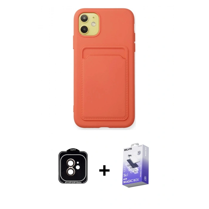 MARSİLYAN™- iPhone 11 Kılıf Vadi Çizgi Prime - Siyah Bilvis 5in1 5D Magic Hayalet Cam Ekran Koruyucu + Turuncu PVD Metal Kamera Lens