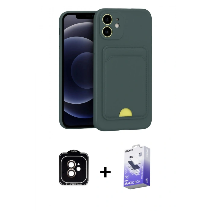 MARSİLYAN™- iPhone 11 Kılıf Vadi Çizgi Prime - Siyah Bilvis 5in1 5D Magic Hayalet Cam Ekran Koruyucu + Turuncu PVD Metal Kamera Lens