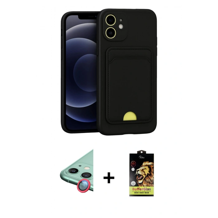 MARSİLYAN™- iPhone 11 Kılıf Vadi Çizgi Prime - Siyah Buffer Cam Ekran Koruyucu + Kırmızı Raze Metal Kamera Lens