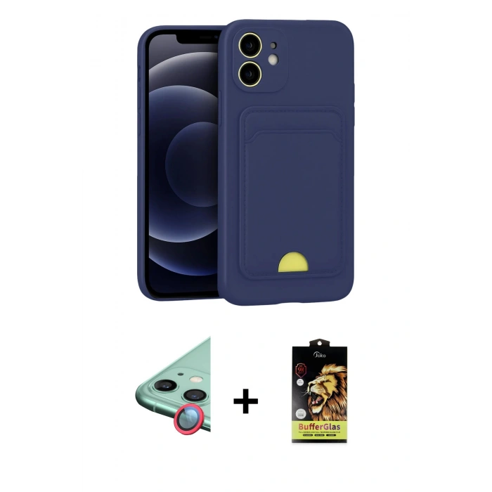 MARSİLYAN™- iPhone 11 Kılıf Vadi Çizgi Prime - Siyah Buffer Cam Ekran Koruyucu + Kırmızı Raze Metal Kamera Lens