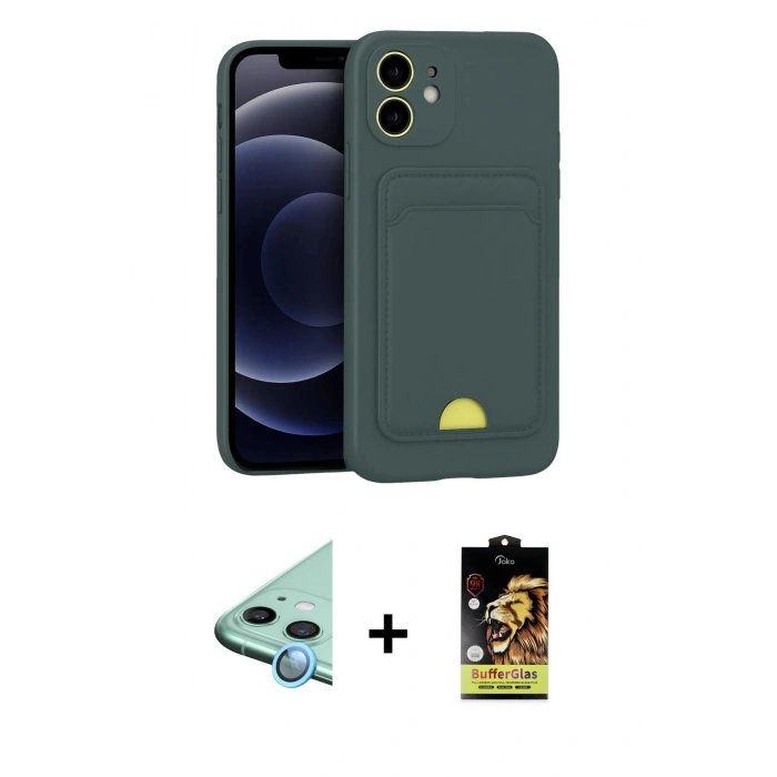MARSİLYAN™- iPhone 11 Kılıf Vadi Çizgi Prime - Siyah Buffer Cam Ekran Koruyucu + Mavi Raze Metal Kamera Lens