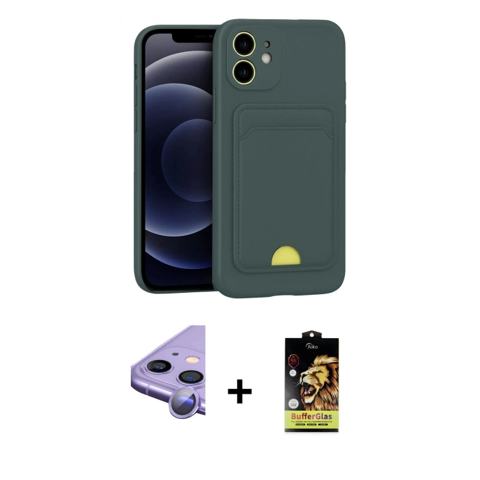 MARSİLYAN™- iPhone 11 Kılıf Vadi Çizgi Prime - Siyah Buffer Cam Ekran Koruyucu + Raze Metal Kamera Lens - MR
