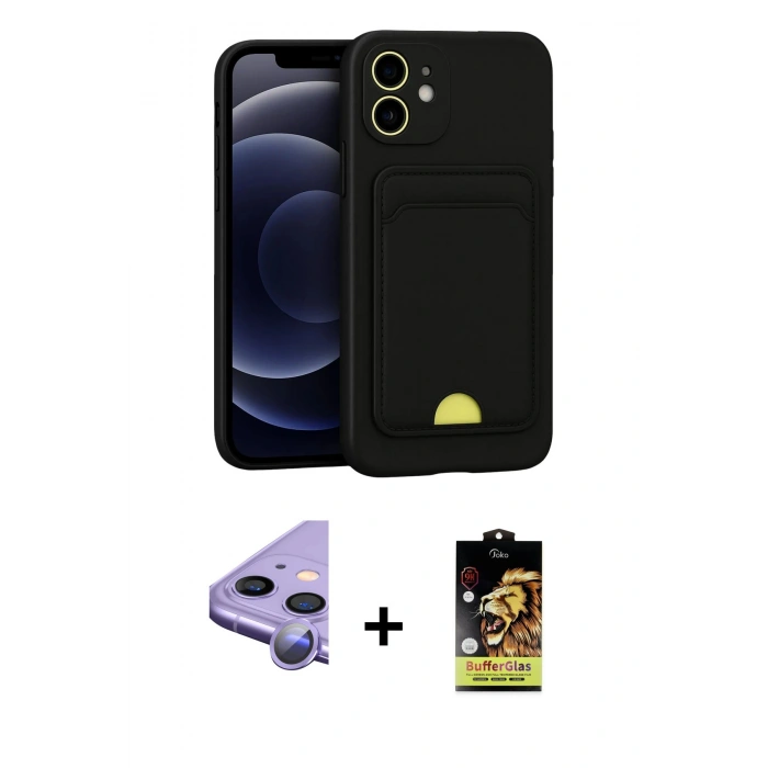 MARSİLYAN™- iPhone 11 Kılıf Vadi Çizgi Prime - Siyah Buffer Cam Ekran Koruyucu + Raze Metal Kamera Lens - MR