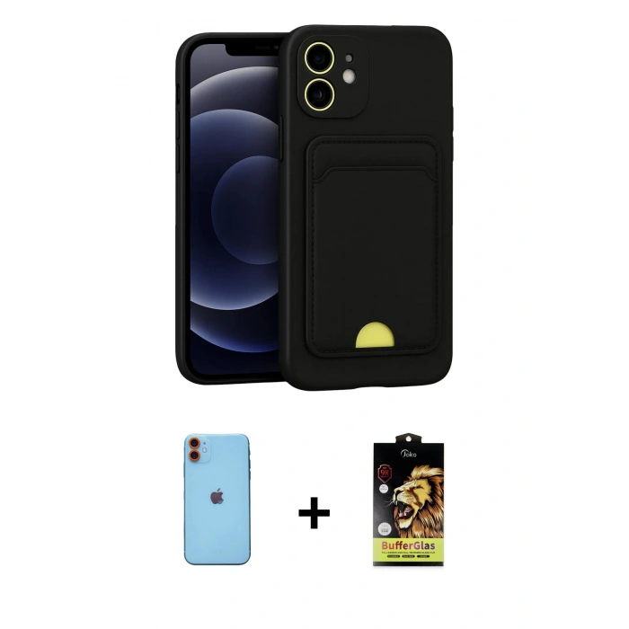 MARSİLYAN™- iPhone 11 Kılıf Vadi Çizgi Prime - Siyah Buffer Cam Ekran Koruyucu + Neon Fosforlu Kamera Lens - TU
