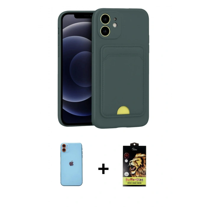 MARSİLYAN™- iPhone 11 Kılıf Vadi Çizgi Prime - Siyah Buffer Cam Ekran Koruyucu + Neon Fosforlu Kamera Lens - TU