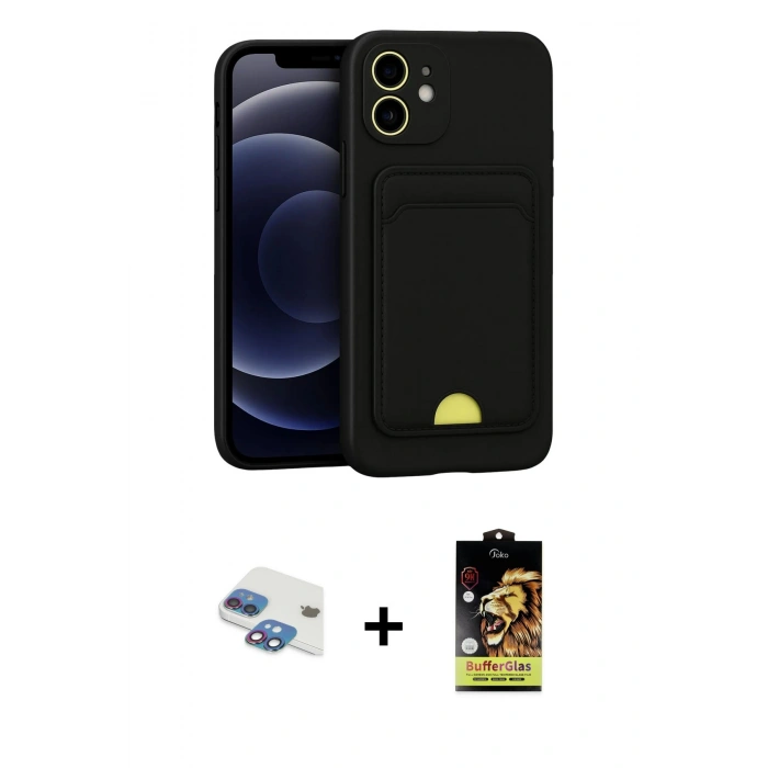 MARSİLYAN™- iPhone 11 Kılıf Vadi Çizgi Prime - Siyah Buffer Cam Ekran Koruyucu + Pers Alüminyum Kamera Lens - GI