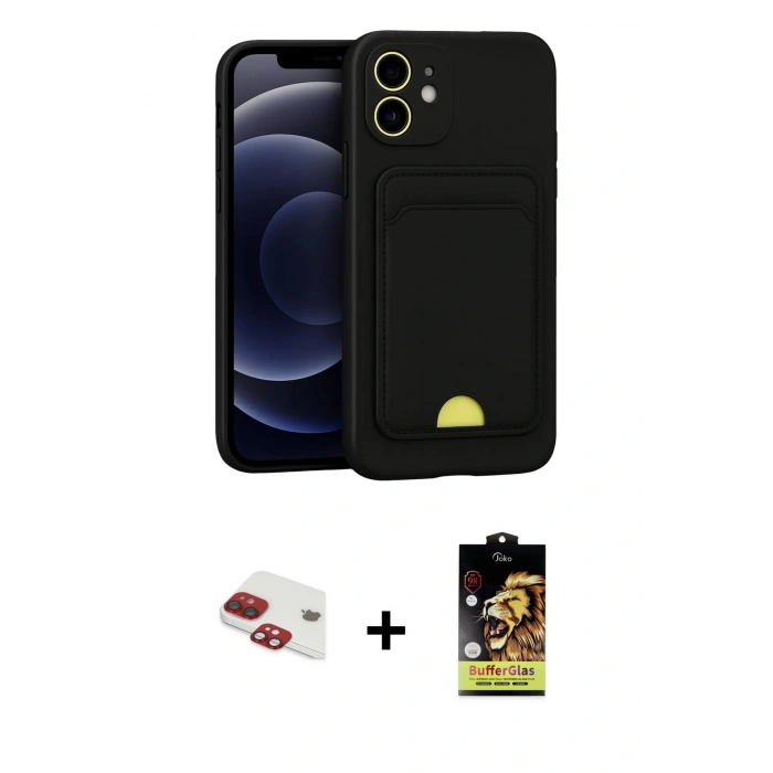 MARSİLYAN™- iPhone 11 Kılıf Vadi Çizgi Prime - Siyah Buffer Cam Ekran Koruyucu + Pers Alüminyum Kamera Lens - KI