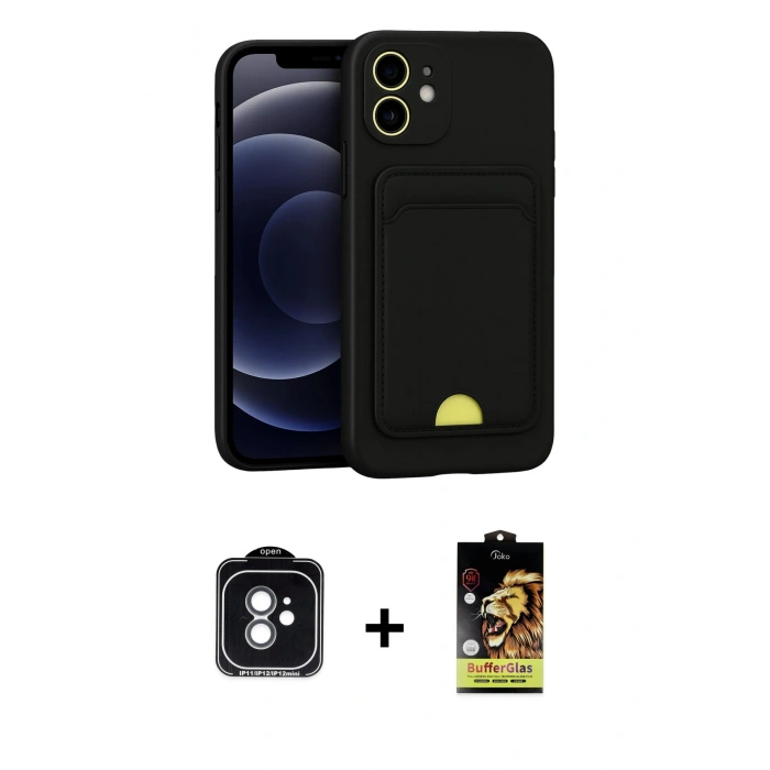 MARSİLYAN™- iPhone 11 Kılıf Vadi Çizgi Prime - Siyah Buffer Cam Ekran Koruyucu + PVD Metal Kamera Lens - YL